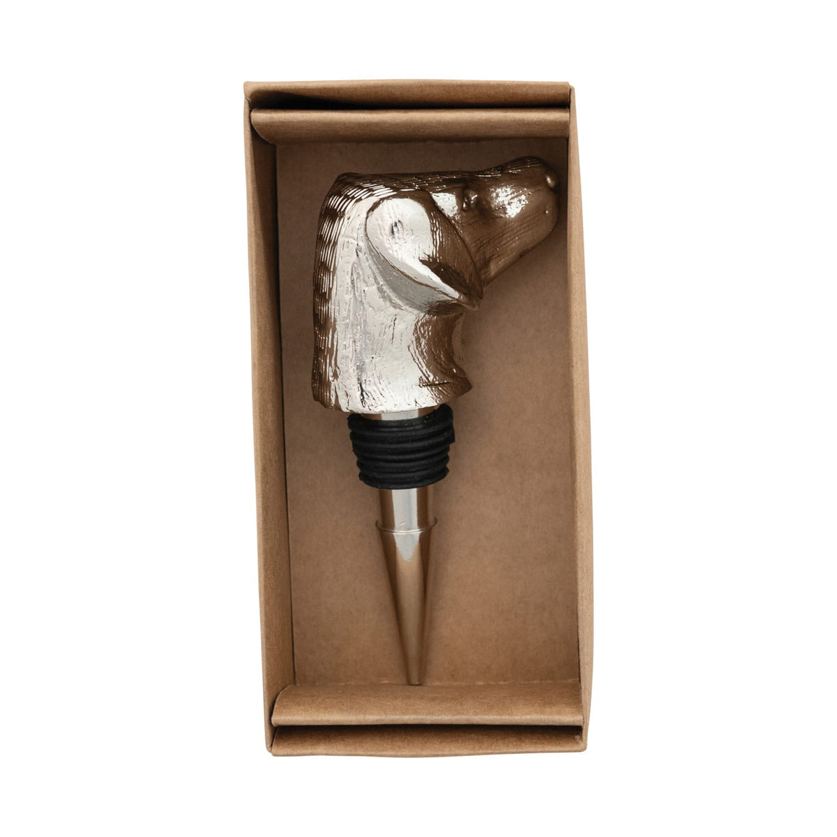Nickel Finish Cast Aluminum Dog Head Bottle Stopper in Kraft Box