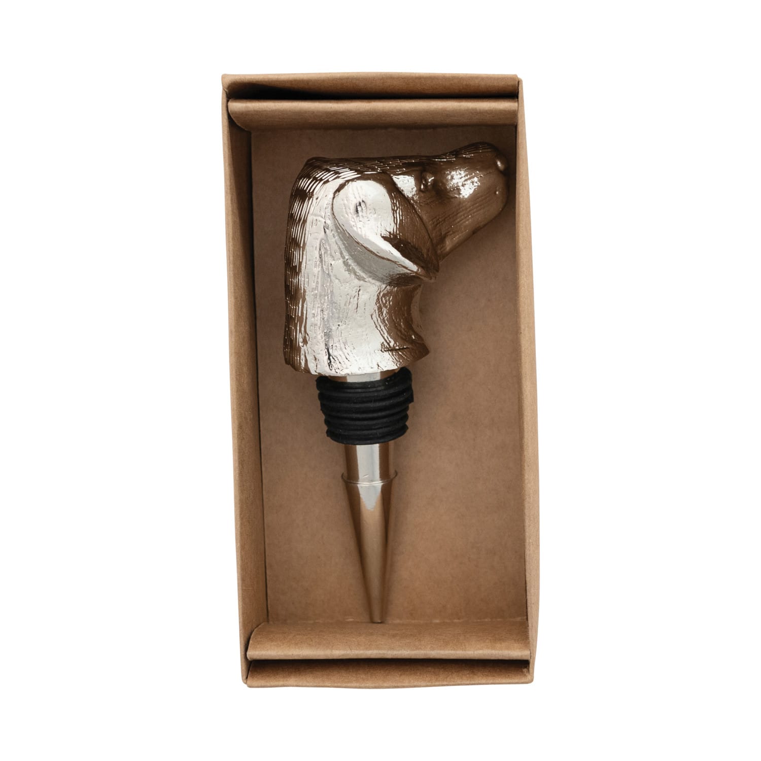 Nickel Finish Cast Aluminum Dog Head Bottle Stopper in Kraft Box