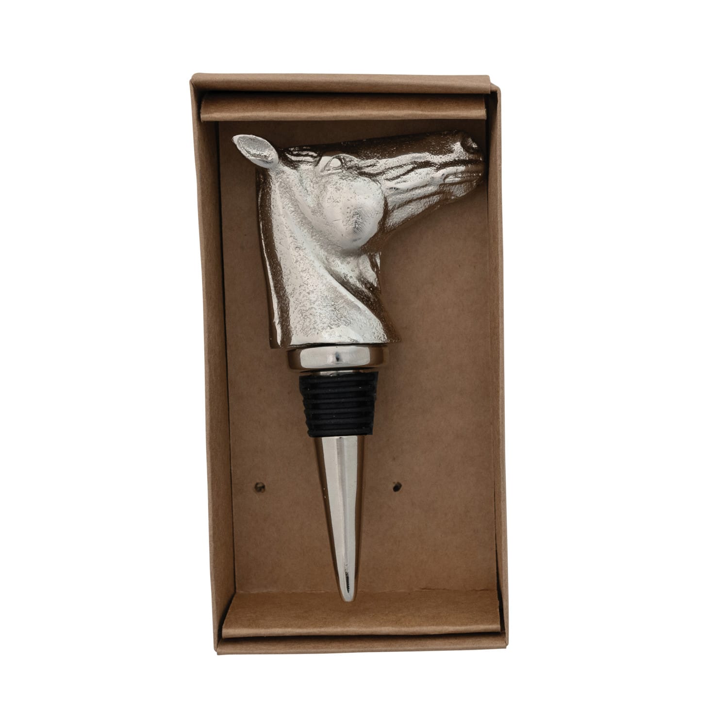 Nickel Finish Cast Aluminum Horse Head Bottle Stopper in Kraft Box