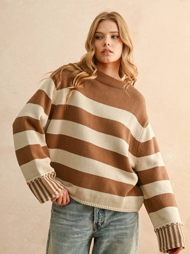 Oatmeal/Camel Striped Sweater Top