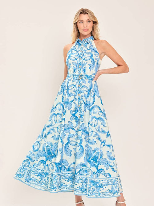 Off White Blue Chateau Woven Maxi Dress