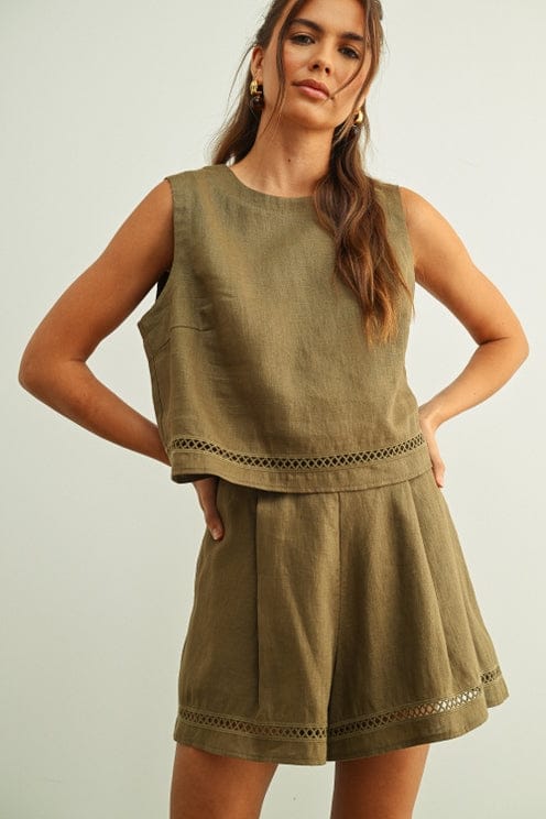 Open Lattice Trim Linen Top & Shorts Set in Olive