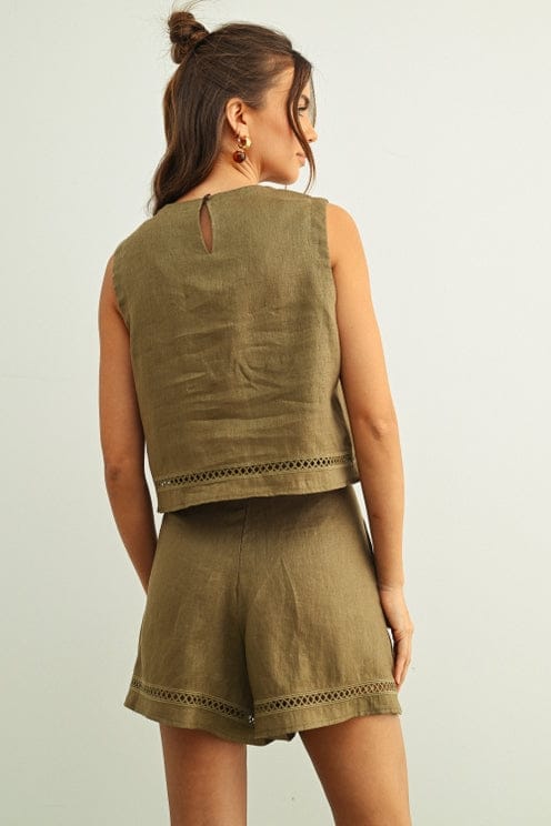 Open Lattice Trim Linen Top & Shorts Set in Olive