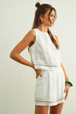 Open Lattice Trim Linen Top & Shorts Set in White