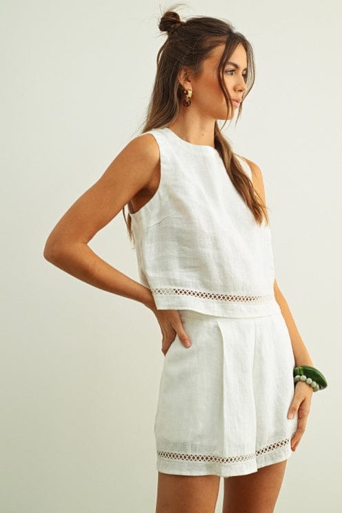 Open Lattice Trim Linen Top & Shorts Set in White