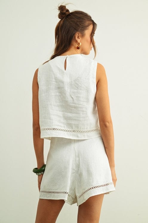 Open Lattice Trim Linen Top & Shorts Set in White