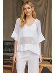 Open Weave Mesh V-Neck Short Sleeve Top with Raw Edge Hem
