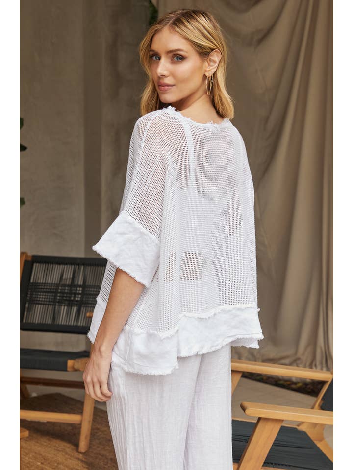 Open Weave Mesh V-Neck Short Sleeve Top with Raw Edge Hem
