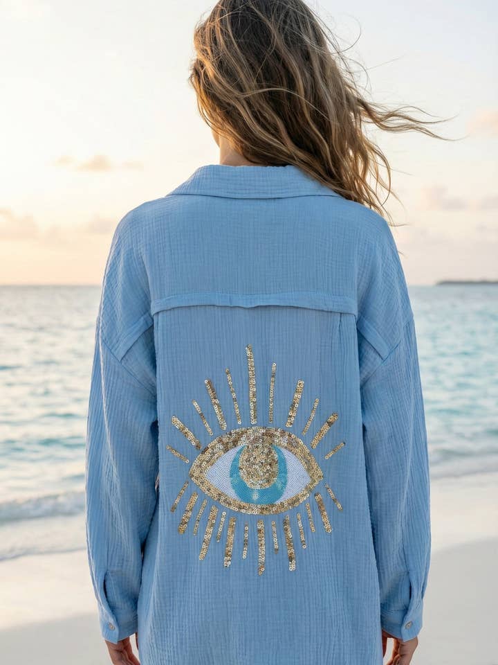 Oversized Sequin Eye Cotton Gauze Cover Up in Blue