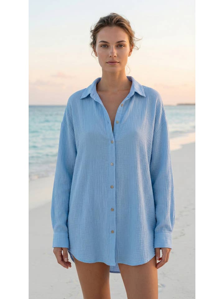 Oversized Sequin Eye Cotton Gauze Cover Up in Blue