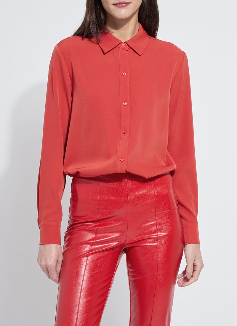 red button down dress shirt tucked in