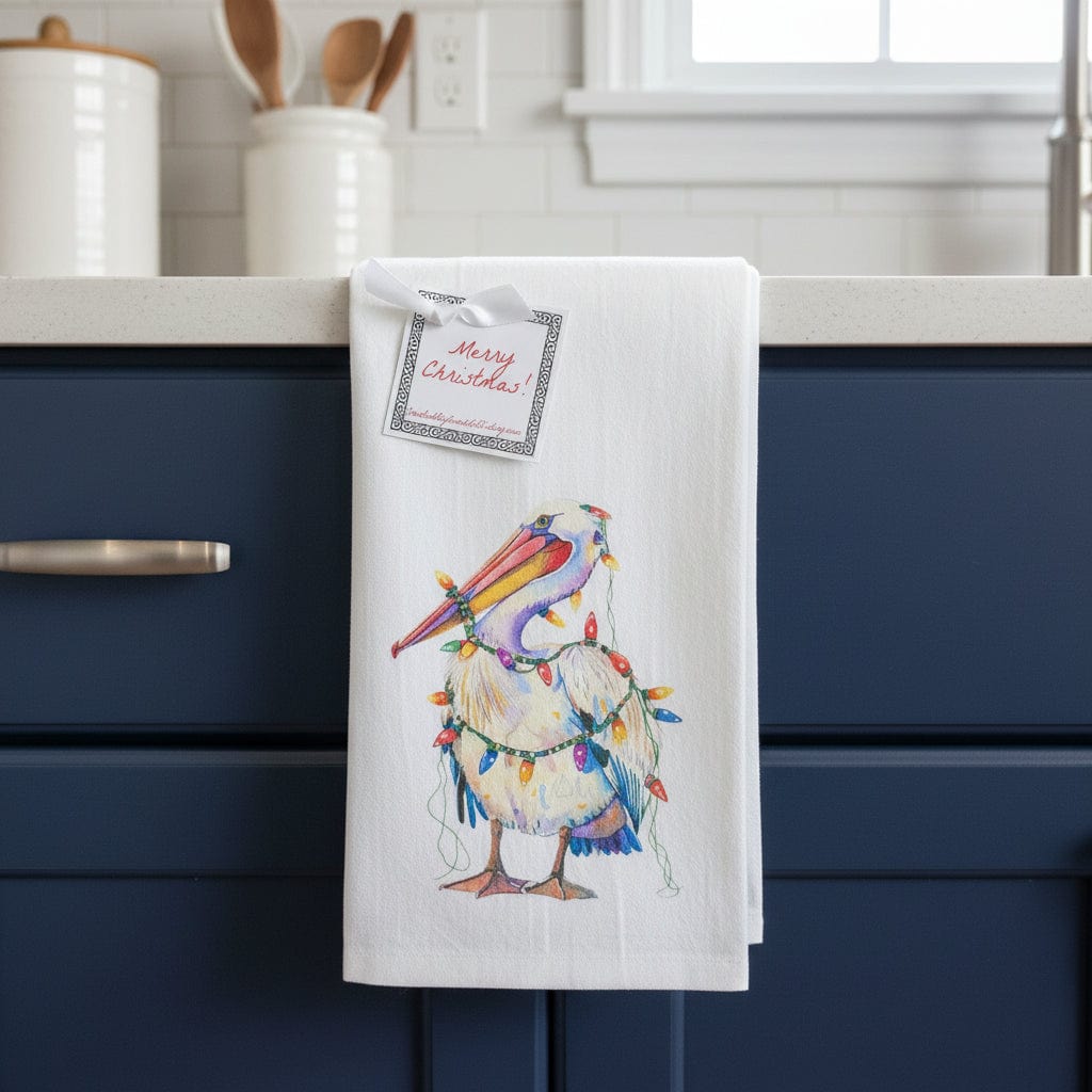 Pelican Wrapped in Xmas Lights Towel