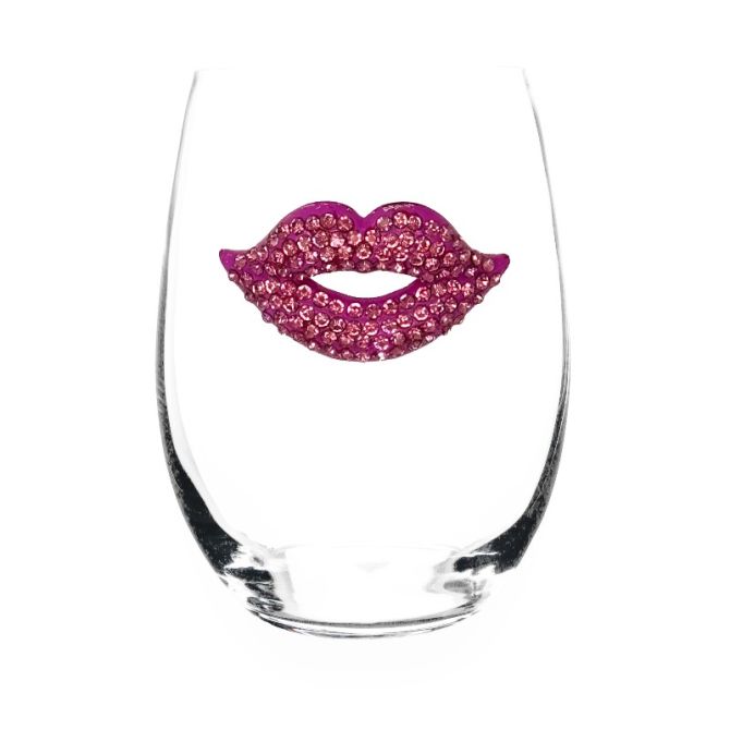 Pink Lips Jeweled Stemless Wine Glass