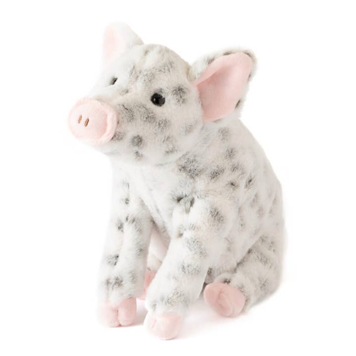 Plush toy pig with gray and white pattern