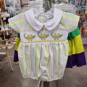 Lulu Bebe Lulu Bebe Alligator Smocked Mardi Gras Striped Noah Bubble - Little Miss Muffin Children & Home