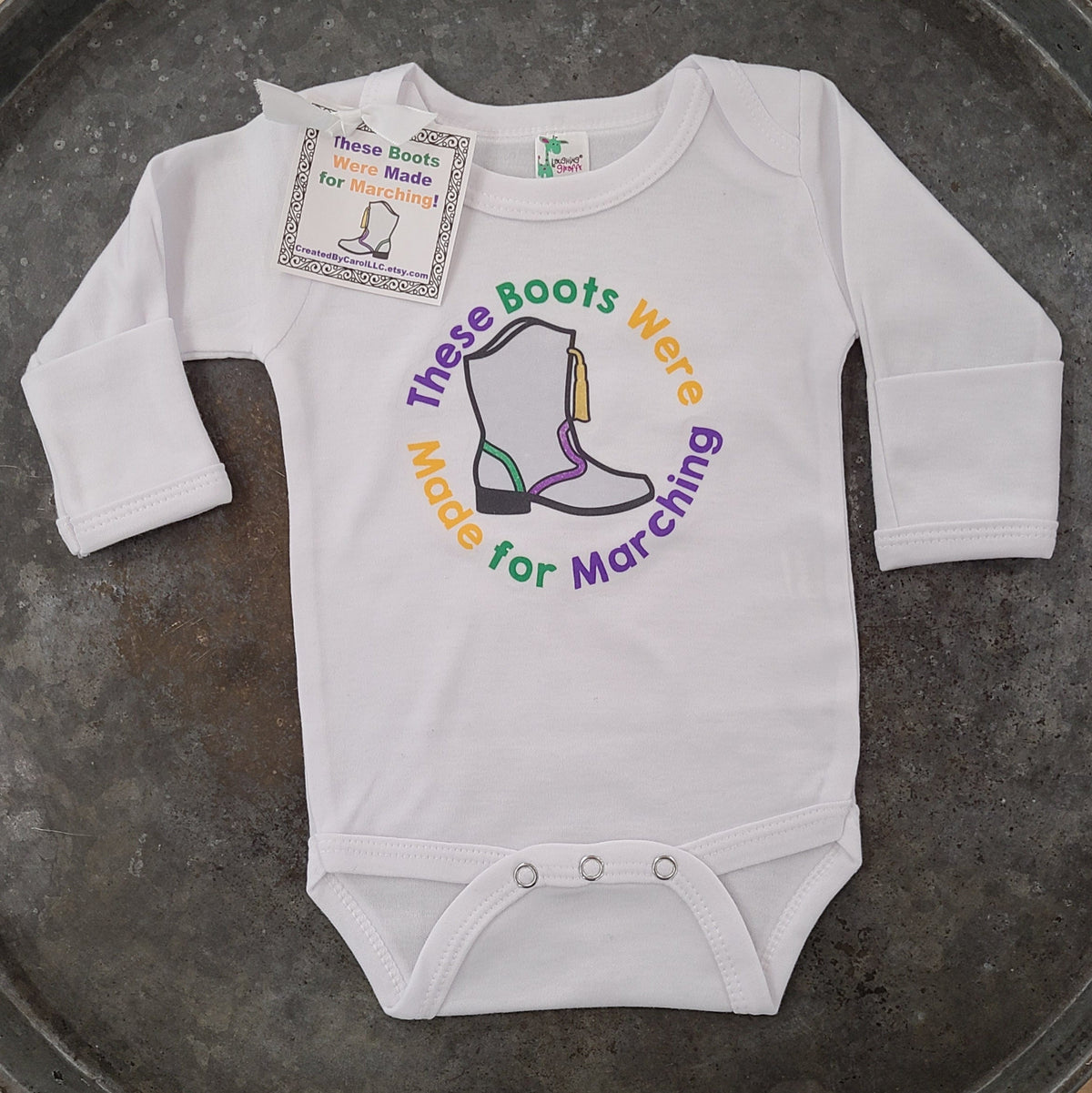 Created by Carol LLC Created by Carol These Boots Were Made for Marching Long Sleeve Onesie - Little Miss Muffin Children & Home