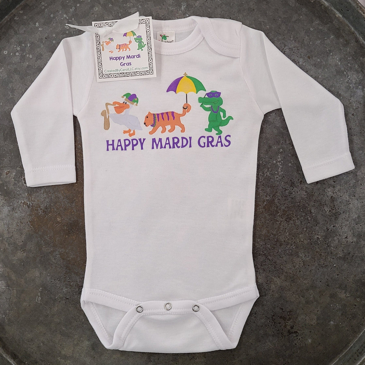 Created by Carol LLC Created by Carol Happy Mardi Gras Pelican, Tiger Gator Long Sleeve Onesie - Little Miss Muffin Children & Home