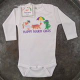 Created by Carol Happy Mardi Gras Pelican, Tiger Gator Long Sleeve Onesie