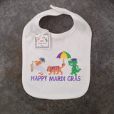 Created by Carol Happy Mardi Gras Pelican, Tiger Gator Knit Bib