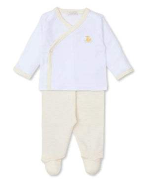 Kissy Kissy Footed Pant Set with Hand Embroidered Premier Duckling, White/Yellow