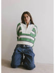 Preppy Color Block Half-Zip Green Striped Sweater