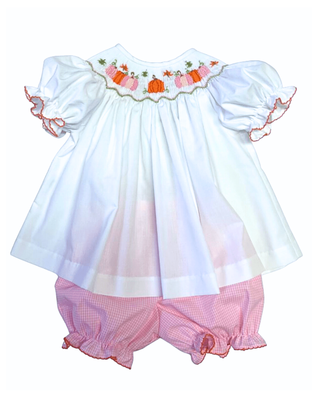 Pumpkin Smocked Pink Gingham Bishop Bloomer Set