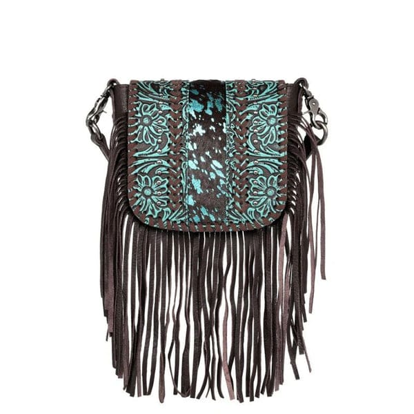 Coffee Genuine Leather Tooled Collection Fringe Crossbody