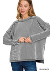Raised Rib Raw Edge Long Sleeve Top in Black & White