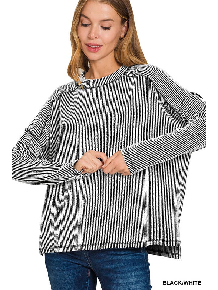 Raised Rib Raw Edge Long Sleeve Top in Black & White