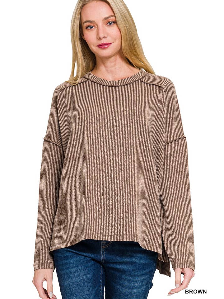 Raised Rib Raw Edge Long Sleeve Top in Brown