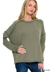 Raised Rib Raw Edge Long Sleeve Top in Dark Olive