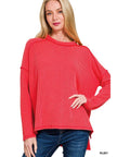 Raised Rib Raw Edge Long Sleeve Top in Ruby