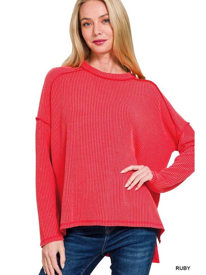 Raised Rib Raw Edge Long Sleeve Top in Ruby