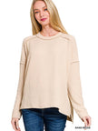 Raised Rib Raw Edge Long Sleeve Top in Sand Beige