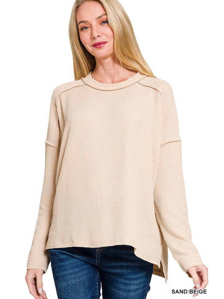 Raised Rib Raw Edge Long Sleeve Top in Sand Beige