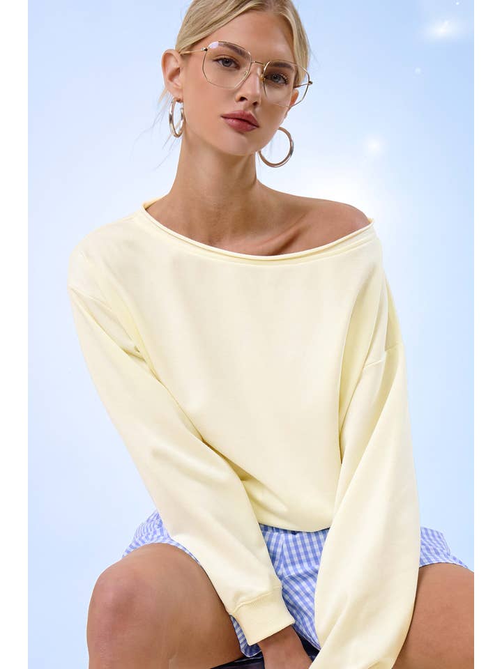 Raw Edge Roll Boat Neck Relaxed Sweatshirt