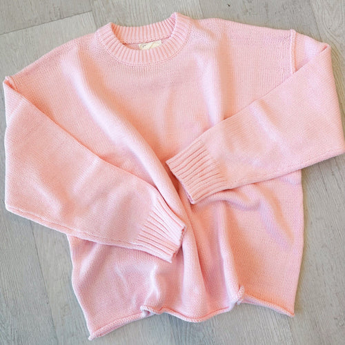 Relaxed Boyfriend Fit Crew Neck Sweater in Pink