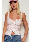 Ribbed Cotton Button-Front Picot Trimmed Tank
