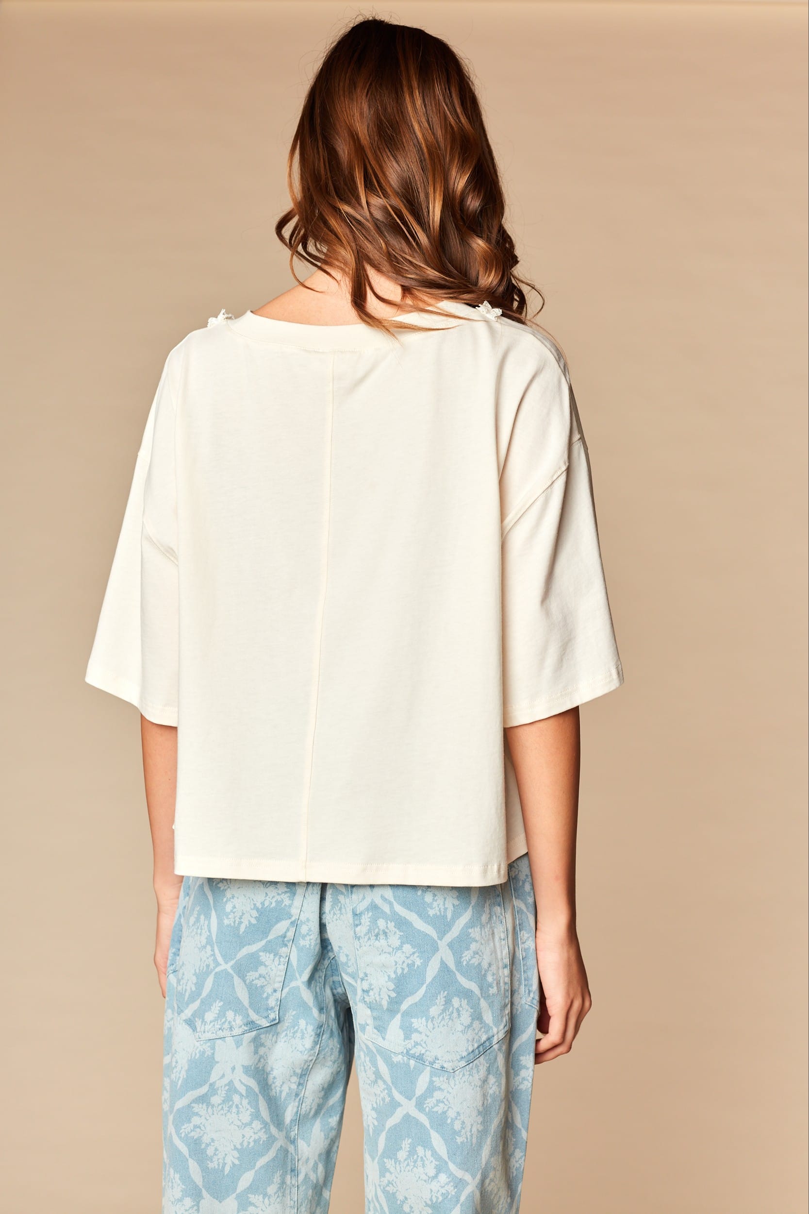 Ribbon Trim Bow Short Sleeve Top in Cream