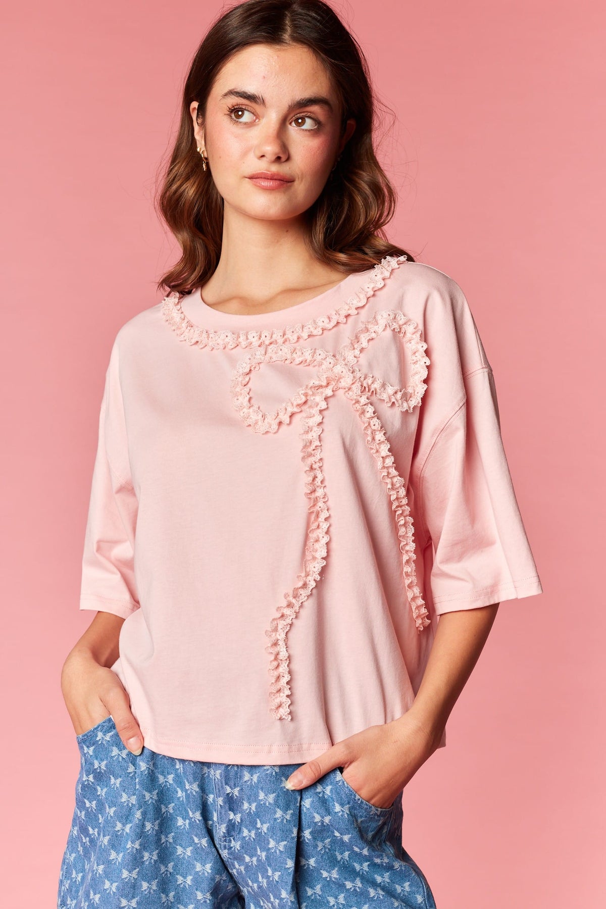 Ribbon Trim Bow Short Sleeve Top in Pink