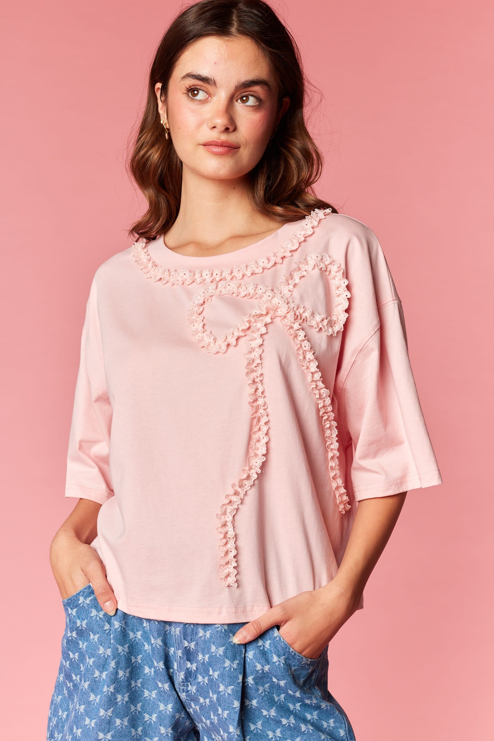 Ribbon Trim Bow Short Sleeve Top in Pink