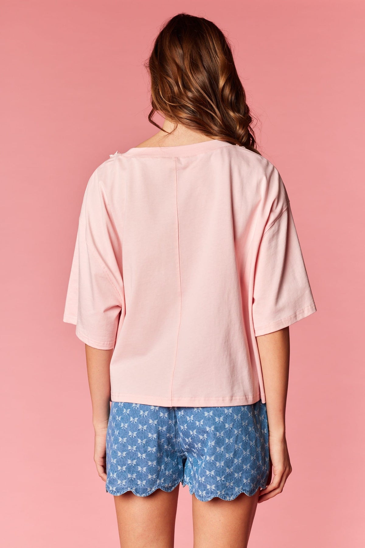 Ribbon Trim Bow Short Sleeve Top in Pink
