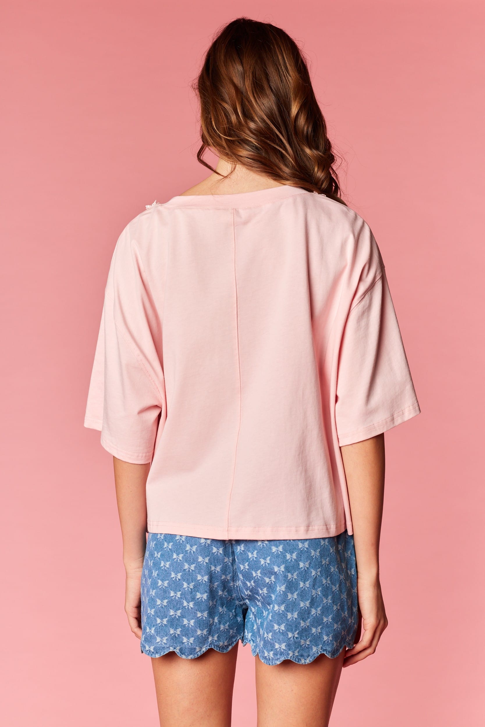 Ribbon Trim Bow Short Sleeve Top in Pink