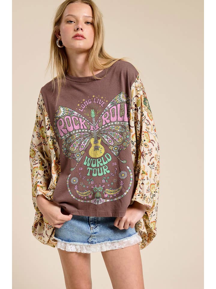 Rock N Roll Butterfly Graphic Kaftan Sleeve Top