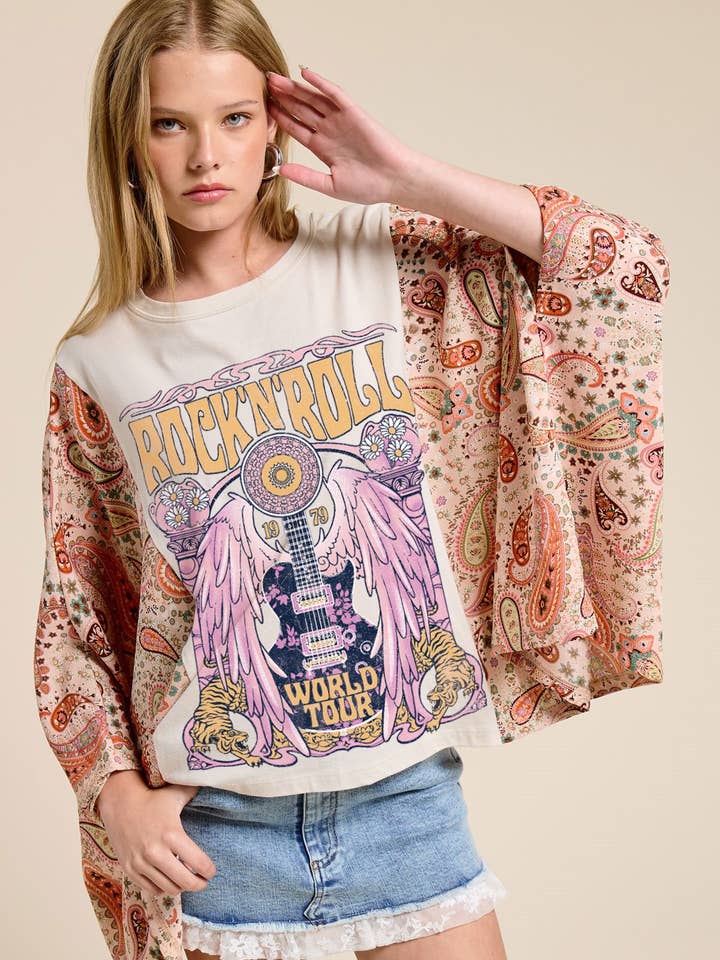 Rock N Roll World Tour 1979 Graphic Kaftan Sleeve Top