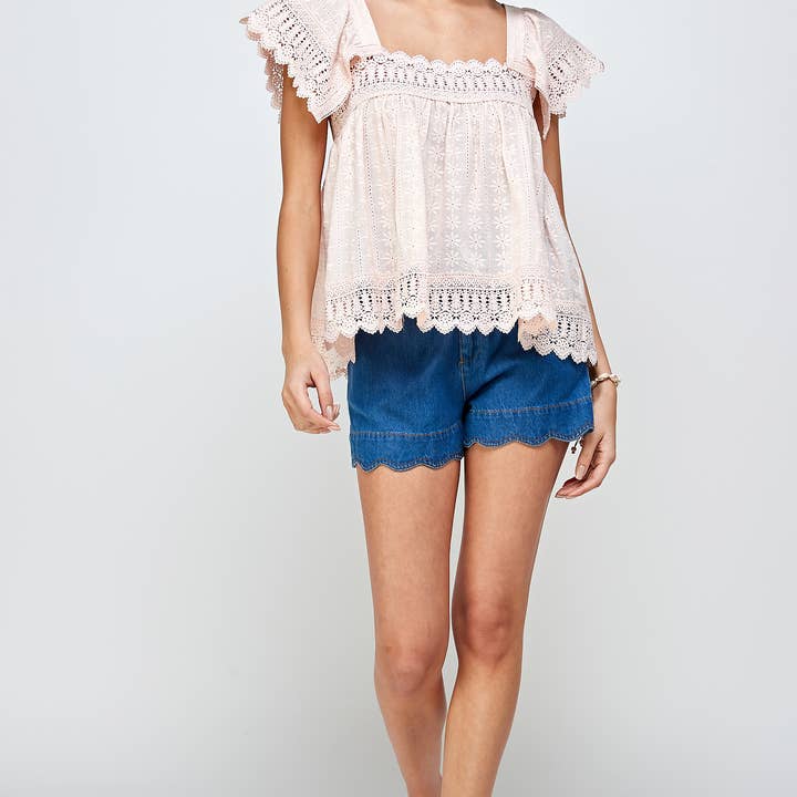 Rosario Scalloped Lace Trim Square Neck Top in Blush