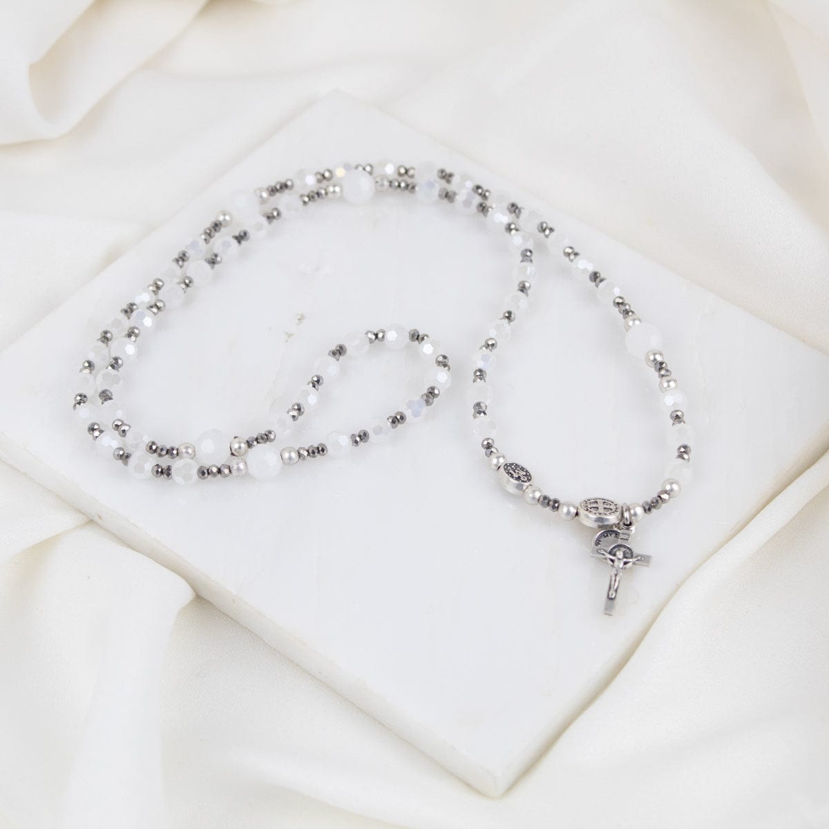 Miracles Rosary Wrap Bracelet - Silver / White