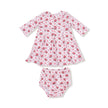 Rose Bow Lattice Box Pleat Dress wirh 3/4 Sleeve + Peterpan Collar & Diaper Cover