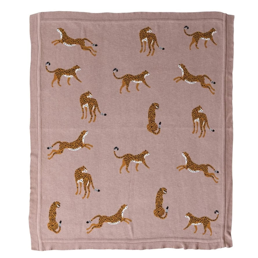 Rose Color Cotton Knit Throw with Cheetahs
