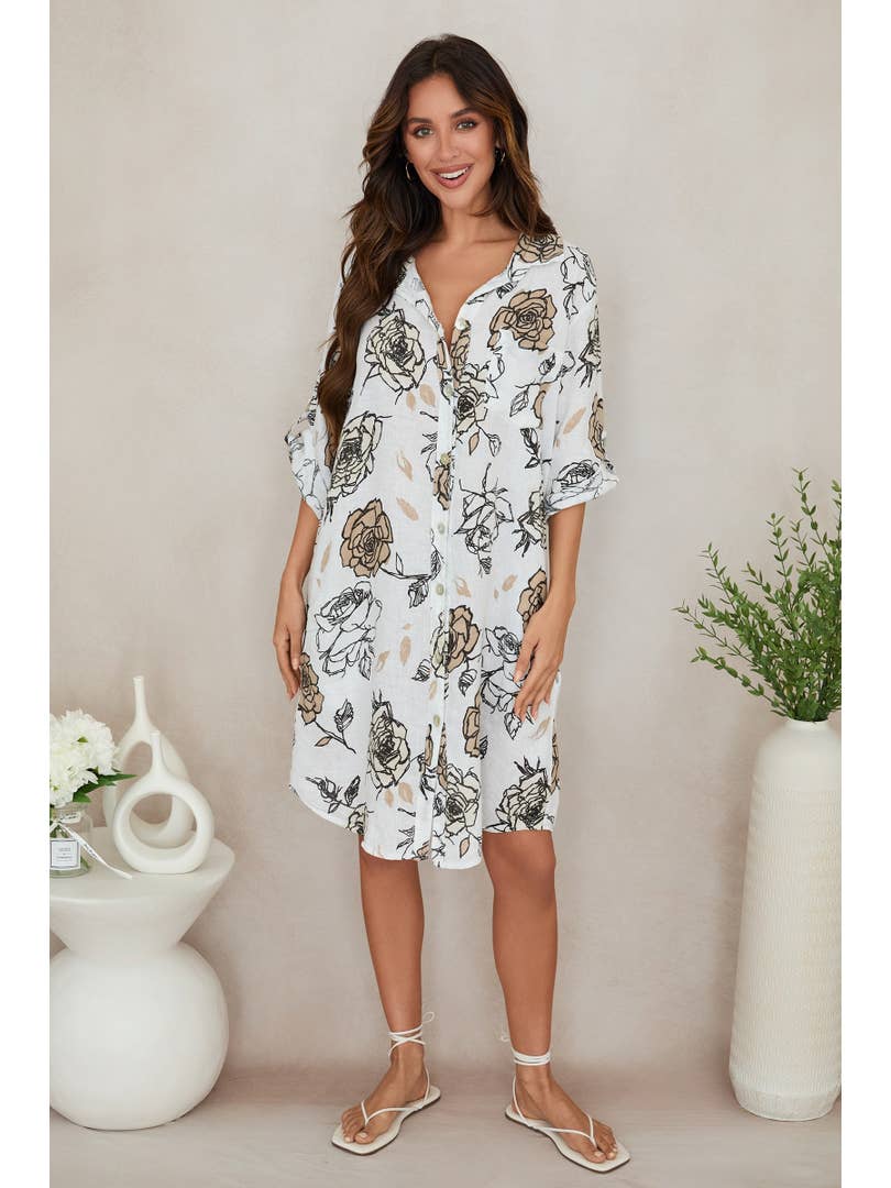 Rose Print Button Down Linen Shirt Dress